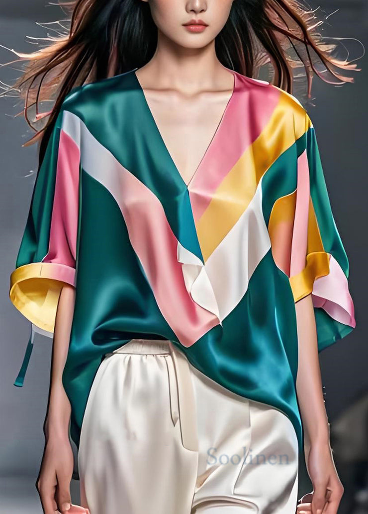 Unique Colorblock V Neck Patchwork Silk Blouses Summer