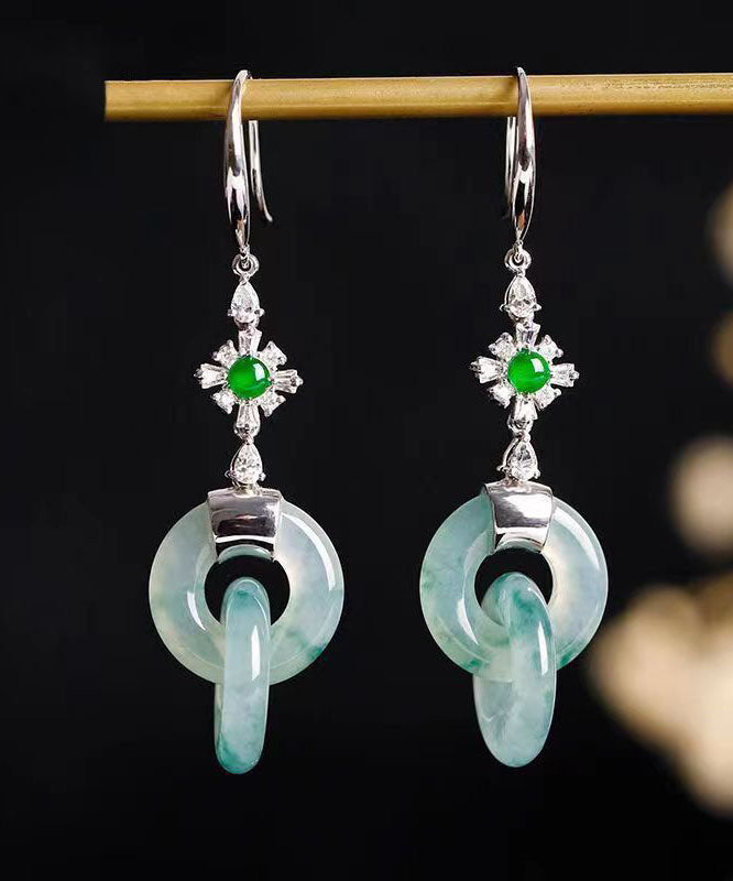 Unique Cyan Sterling Silver Inlaid Zircon Jadeite Drop Earrings