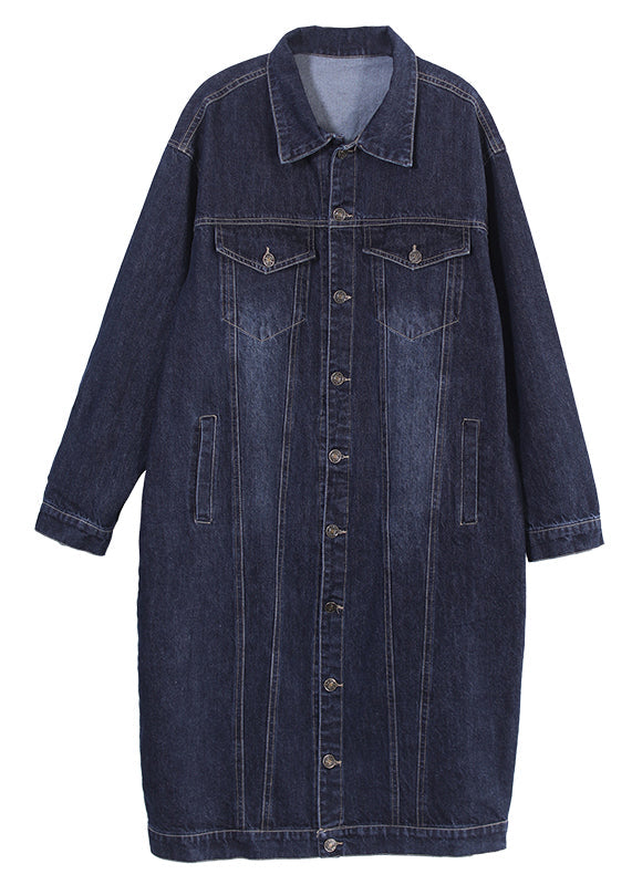 Unique Dark Blue Peter Pan Collar Pockets Patchwork Button Denim Long Trench Coat Fall