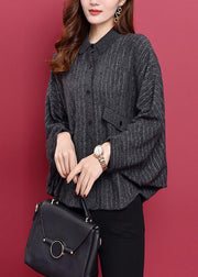 Unique Dark Grey Peter Pan Collar Pockets Striped Knit Coat Long Sleeve