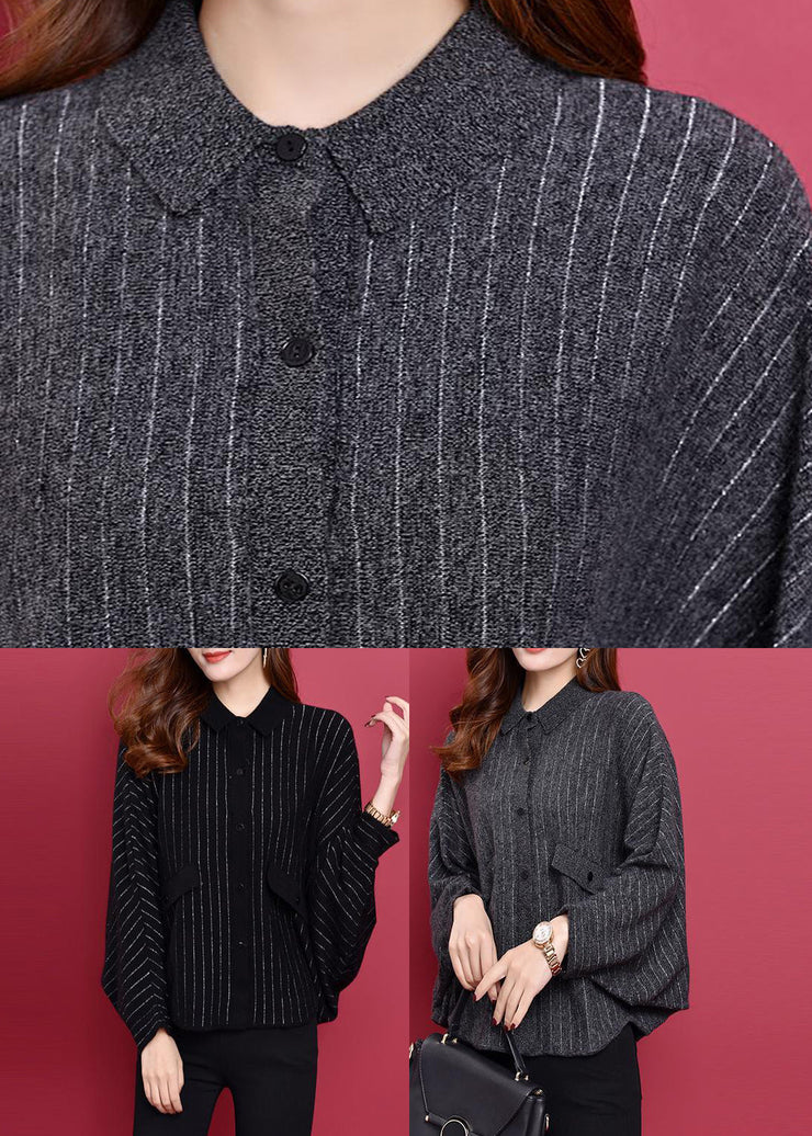 Unique Dark Grey Peter Pan Collar Pockets Striped Knit Coat Long Sleeve