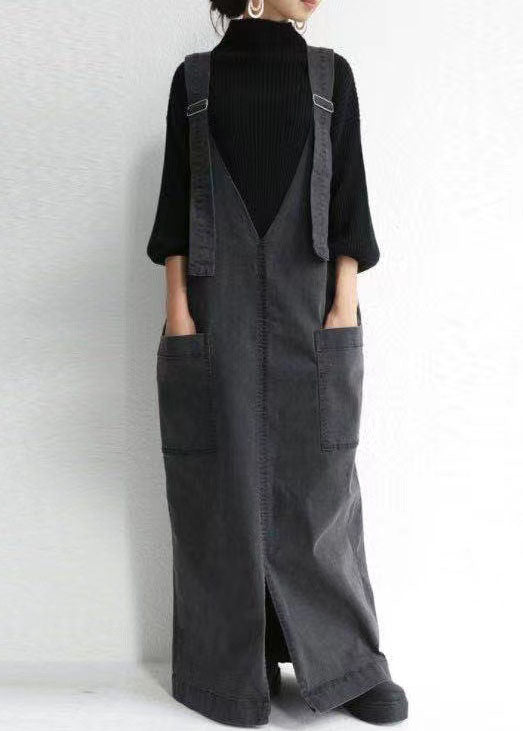 Unique Dark Grey V Neck Pockets Patchwork Denim Carpenter Dress Spring