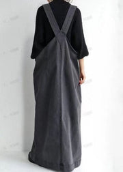 Unique Dark Grey V Neck Pockets Patchwork Denim Carpenter Dress Spring