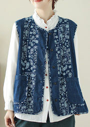 Unique Denim Blue O-Neck Print Pockets Waistcoat Spring