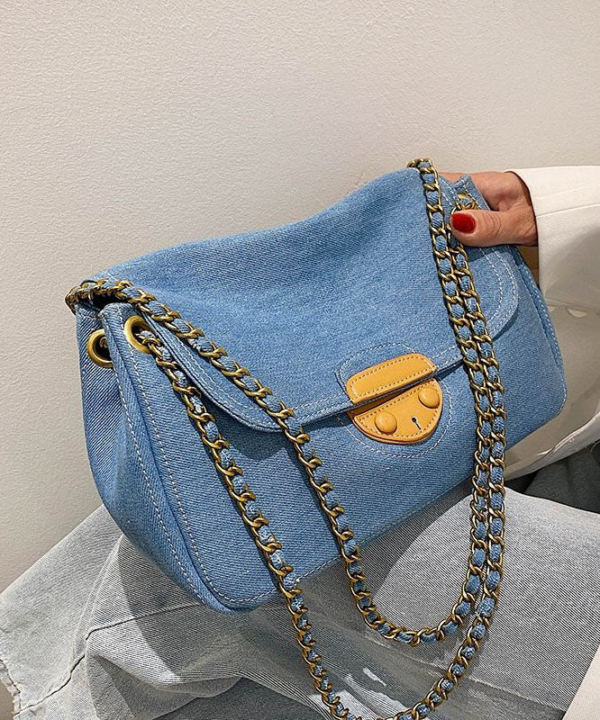 Unique Denim Blue Patchwork Chain Canvas Satchel Handbag