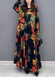 Unique Floral O Neck Wrinkled Patchwork Cotton Long Dress Fall