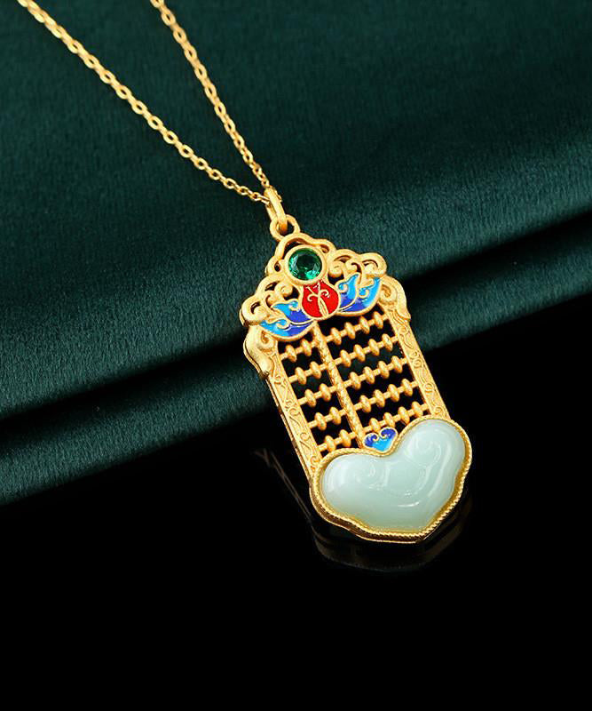 Unique Gold Copper Overgild Enamel Jade Pendant Necklace