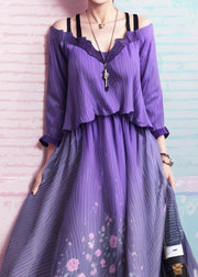 Unique Gradient Purple Cold Shoulder Print Silk Dress Summer