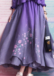 Unique Gradient Purple Cold Shoulder Print Silk Dress Summer