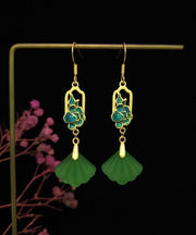 Unique Green Alloy Jade Shell Fan Shaped Tassel Drop Earrings