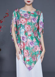 Unique Green Asymmetrical Floral Print Silk Tank Batwing Sleeve