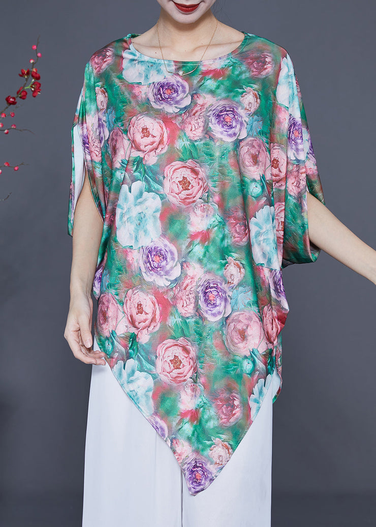 Unique Green Asymmetrical Floral Print Silk Tank Batwing Sleeve