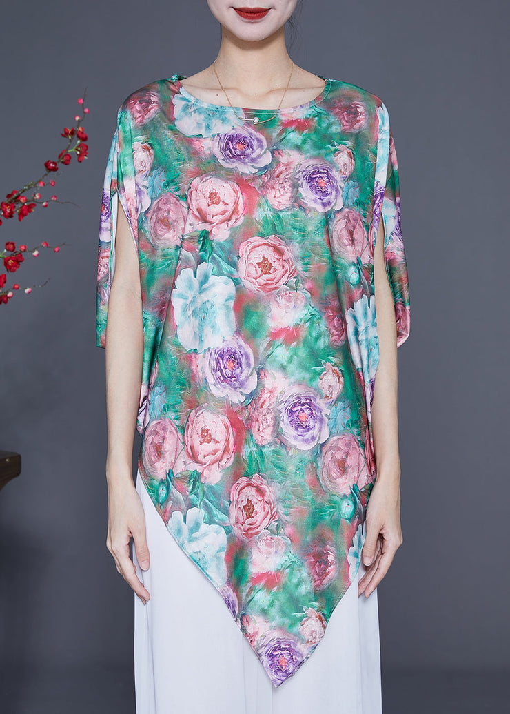 Unique Green Asymmetrical Floral Print Silk Tank Batwing Sleeve