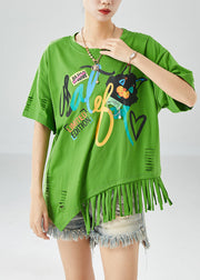 Unique Green Asymmetrical Tassel Print Cotton Ripped Tops Summer