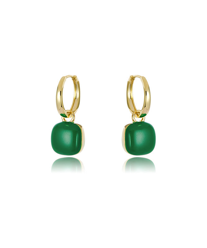 Unique Green Copper Overgild 18K Gem Stone Square Drop Earrings