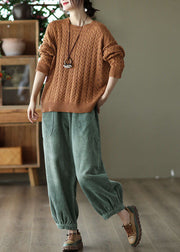 Unique Green Elastic Waist Oversized Pockets Warm Fleece Pants Winter