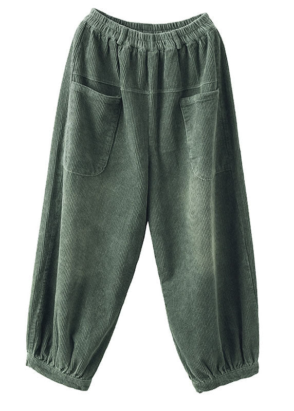 Unique Green Elastic Waist Oversized Pockets Warm Fleece Pants Winter