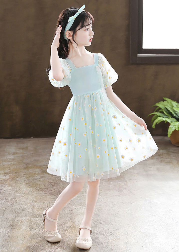 Unique Green Embroideried Floral Patchwork Wrinkled Tulle Girls Mid Dress Summer