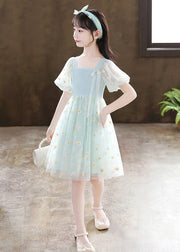 Unique Green Embroideried Floral Patchwork Wrinkled Tulle Girls Mid Dress Summer