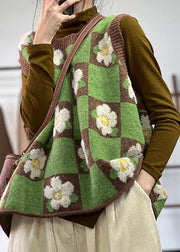 Unique Green Floral Jacquard Thick Knit Vest Tops Spring