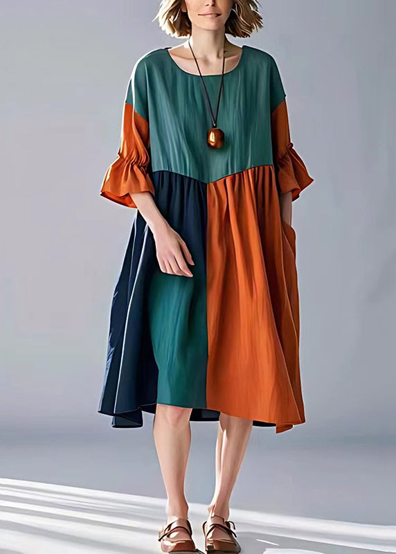 Unique Green Orange Oversized Patchwork Cotton Dresses Summer