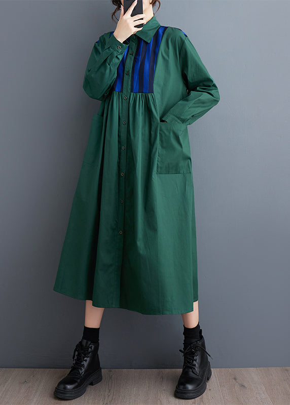 Unique Green Oversized Patchwork Cotton Shirt Dress Spring