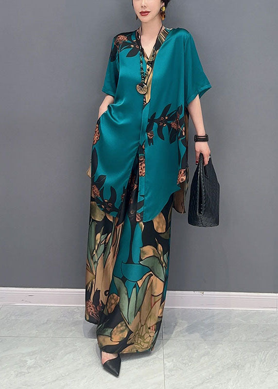 Unique Green Oversized Print Chiffon Women Sets 2 Pieces Summer