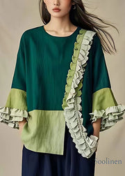 Unique Green Ruffled Front Open Cotton Top Flare Sleeve