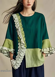 Unique Green Ruffled Front Open Cotton Top Flare Sleeve