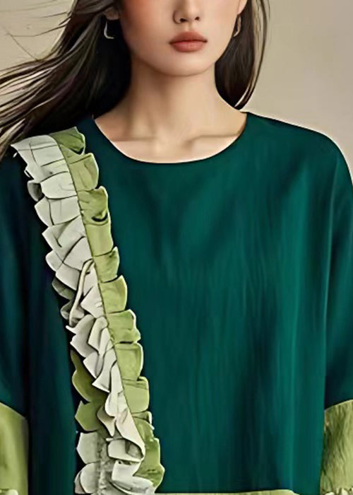 Unique Green Ruffled Front Open Cotton Top Flare Sleeve