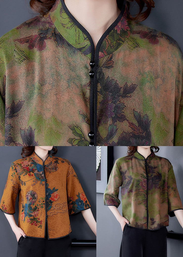 Unique Green Stand Collar Print Silk Shirt Tops Spring