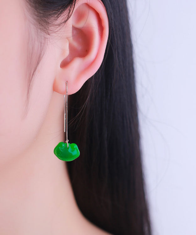 Unique Green Sterling Silver Dry Green Jade Ruyi Drop Earrings