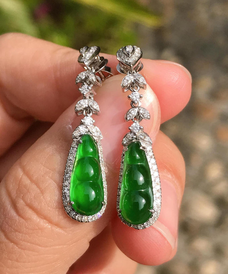 Unique Green Sterling Silver Inlaid Zircon Jade Peanut Drop Earrings