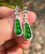 Unique Green Sterling Silver Inlaid Zircon Jade Peanut Drop Earrings