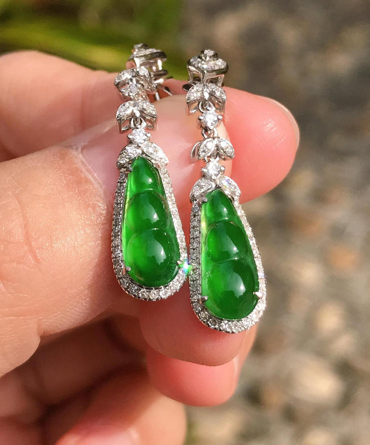 Unique Green Sterling Silver Inlaid Zircon Jade Peanut Drop Earrings