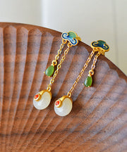 Unique Green Sterling Silver Ovgegild Jade Agate Enamel Xiang Yun Drop Earrings