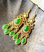 Unique Green Sterling Silver Tassel Jade Water Drop Earrings