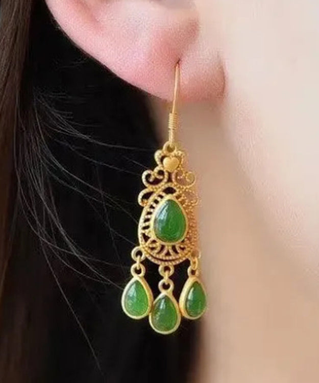 Unique Green Sterling Silver Tassel Jade Water Drop Earrings