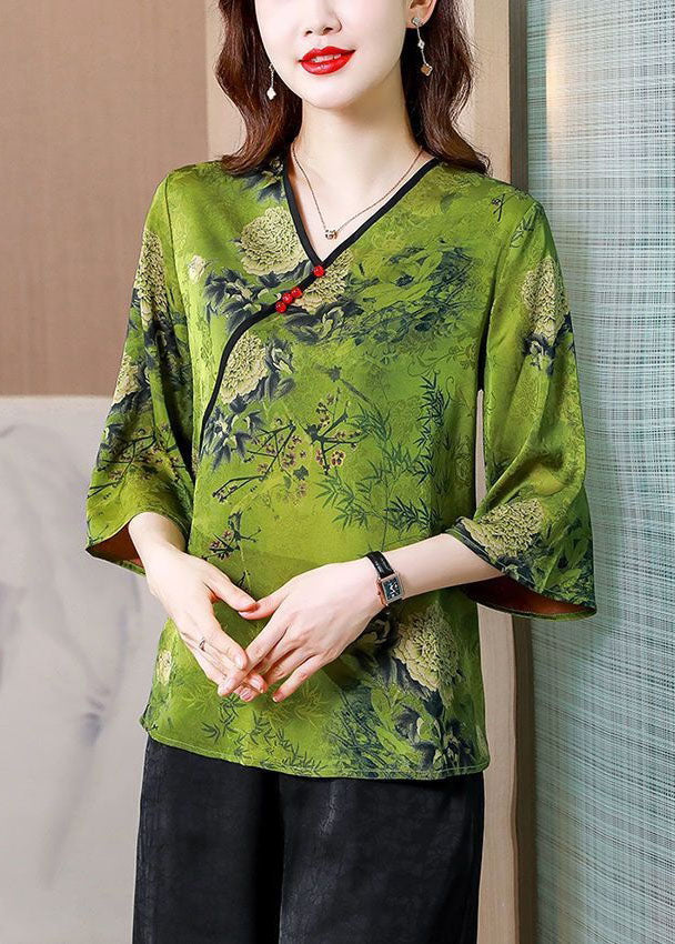 Unique Green V Neck Print Patchwork Silk Tops Bracelet Sleeve