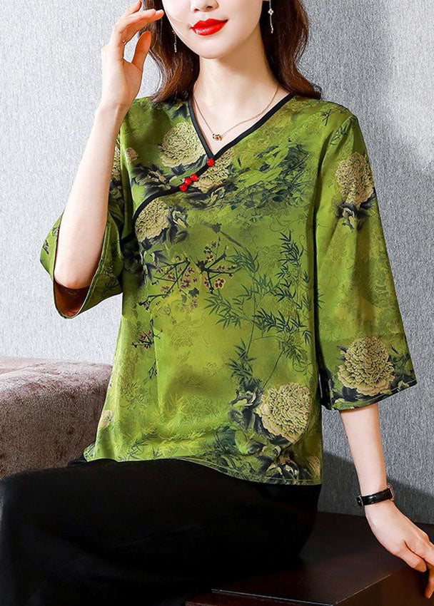 Unique Green V Neck Print Patchwork Silk Tops Bracelet Sleeve