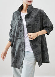 Unique Grey Asymmetrical Print Cotton Shirt Top Fall