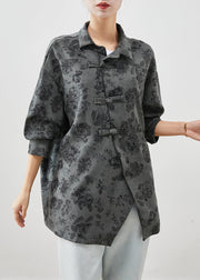 Unique Grey Asymmetrical Print Cotton Shirt Top Fall