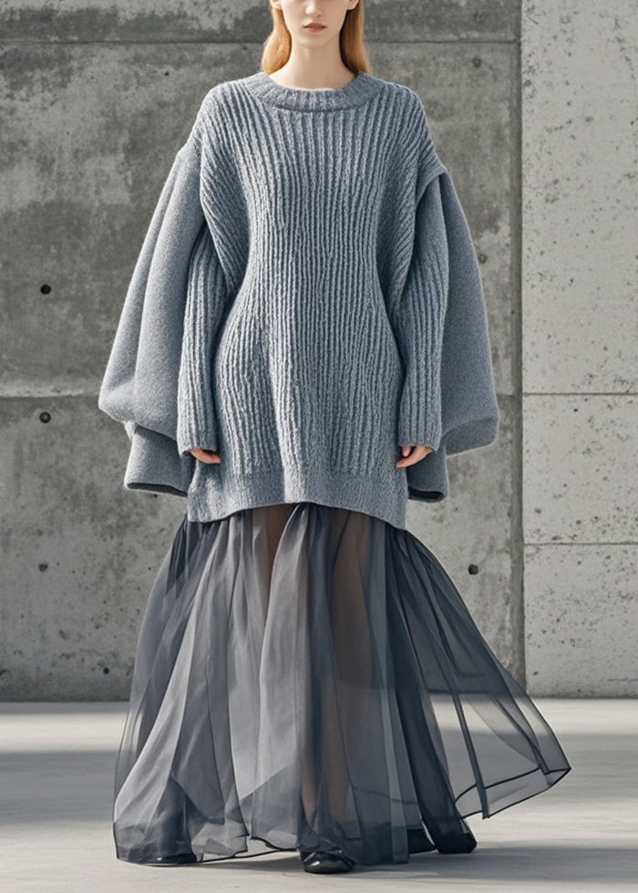 Unique Grey Oversized Patchwork Tulle Long Sweater Winter