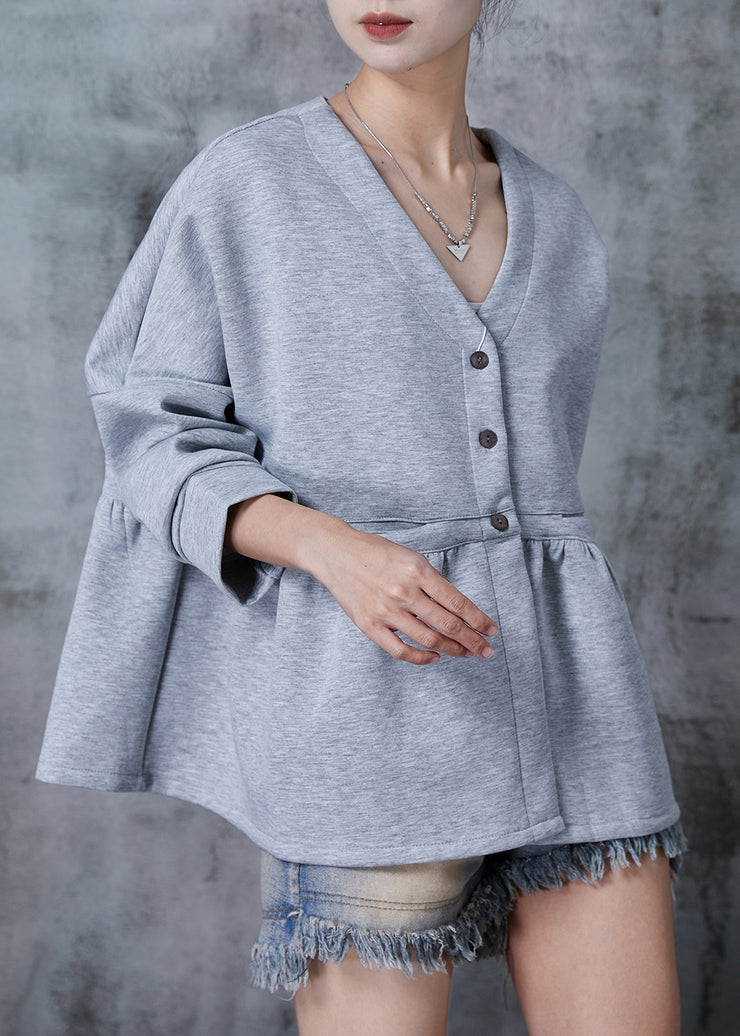 Unique Grey V Neck Patchwork Cotton Coat Fall