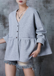 Unique Grey V Neck Patchwork Cotton Coat Fall