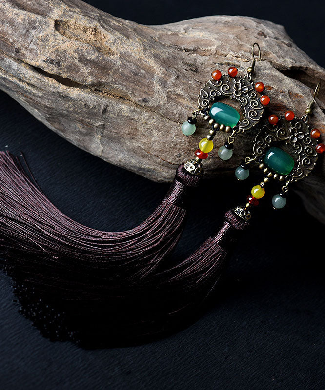 Unique Jade Silk Rope National Style Tassel Drop Earrings