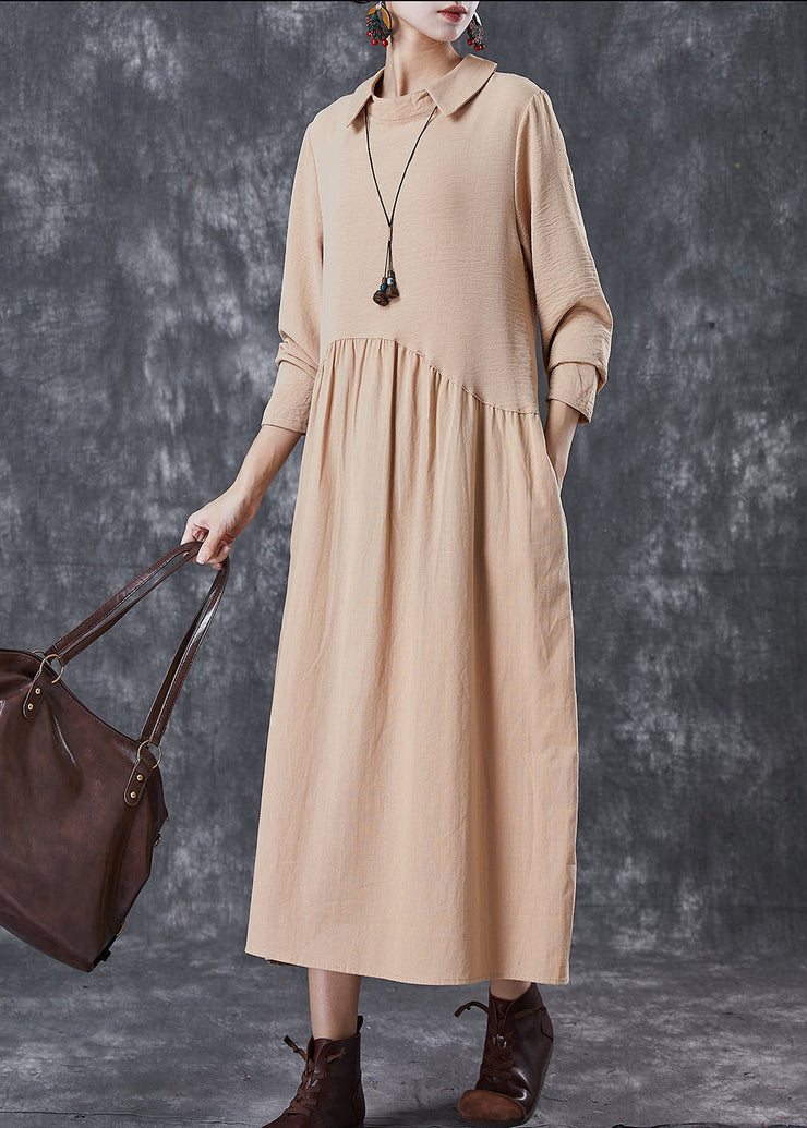 Unique Khaki Peter Pan Collar Patchwork Cotton Maxi Dresses Spring