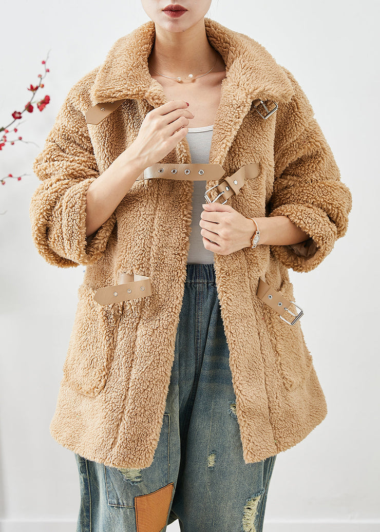 Unique Khaki Peter Pan Collar Pockets Faux Fur Teddy Coats Winter