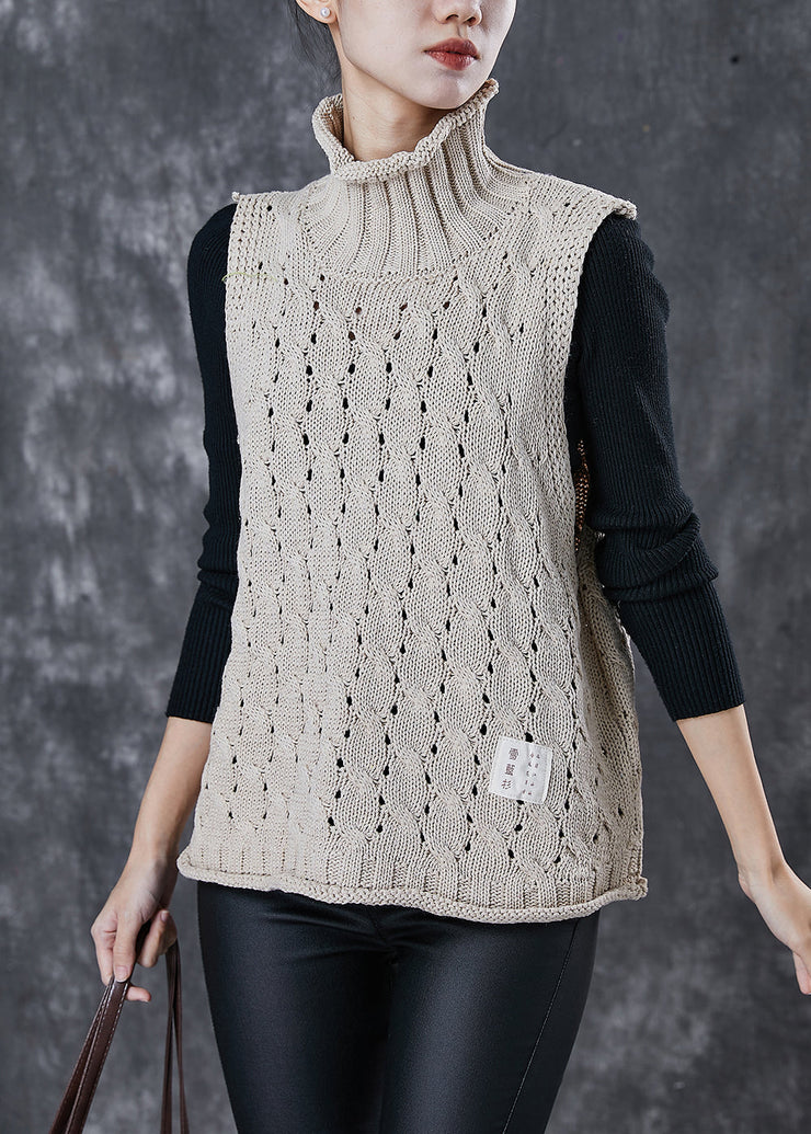 Unique Khaki Turtle Neck Hollow Out Knit Vests Spring