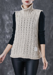 Unique Khaki Turtle Neck Hollow Out Knit Vests Spring